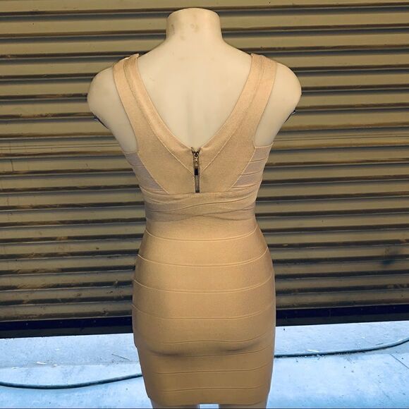 Bebe Double V-Neck Bandage Dress in Tapioca - Picture 7 of 8